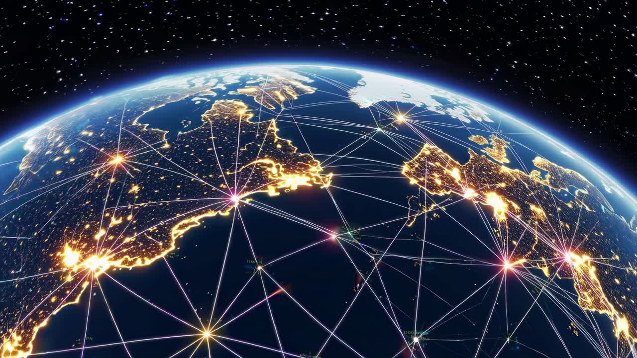 Aerial view of Earth at night with glowing network lines, showcasing global connectivity