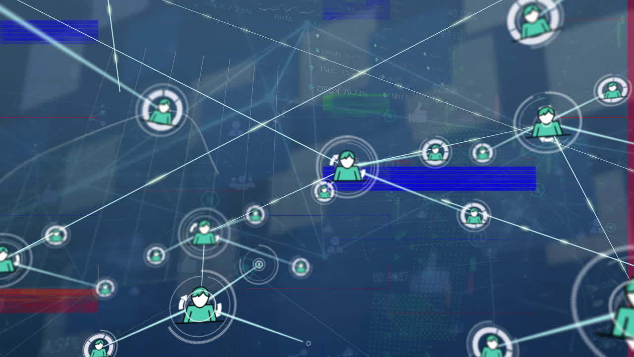 animación de iconos de personas digitales que se conectan con líneas y gráfico de cotización del mercado de valores con gráficos