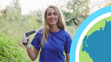 animation of globe icon over happy caucasian woman picking up rubbish in countryside