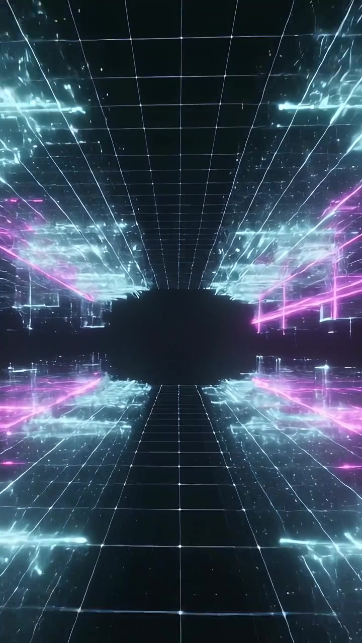 Video verticale: Tunnel al neon pulsante che mostra un portale nero in una griglia virtuale, con particelle ciano e rosa
