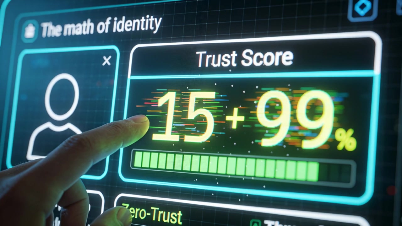 Moving right finger tapping TrustScore UI at dim terminal, adjusting left readout and progress bar