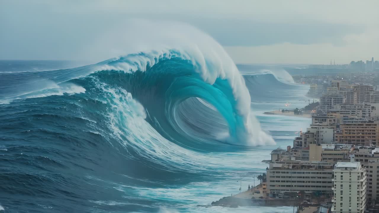 Tsunami wave approaching the city