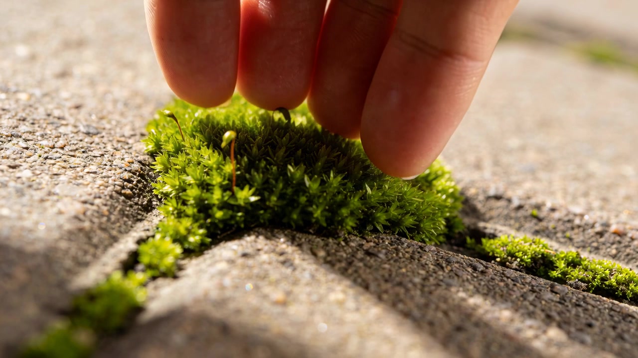 Hovering fingertips initiating touch, pressing and pinching green moss on pavers, examining stalks