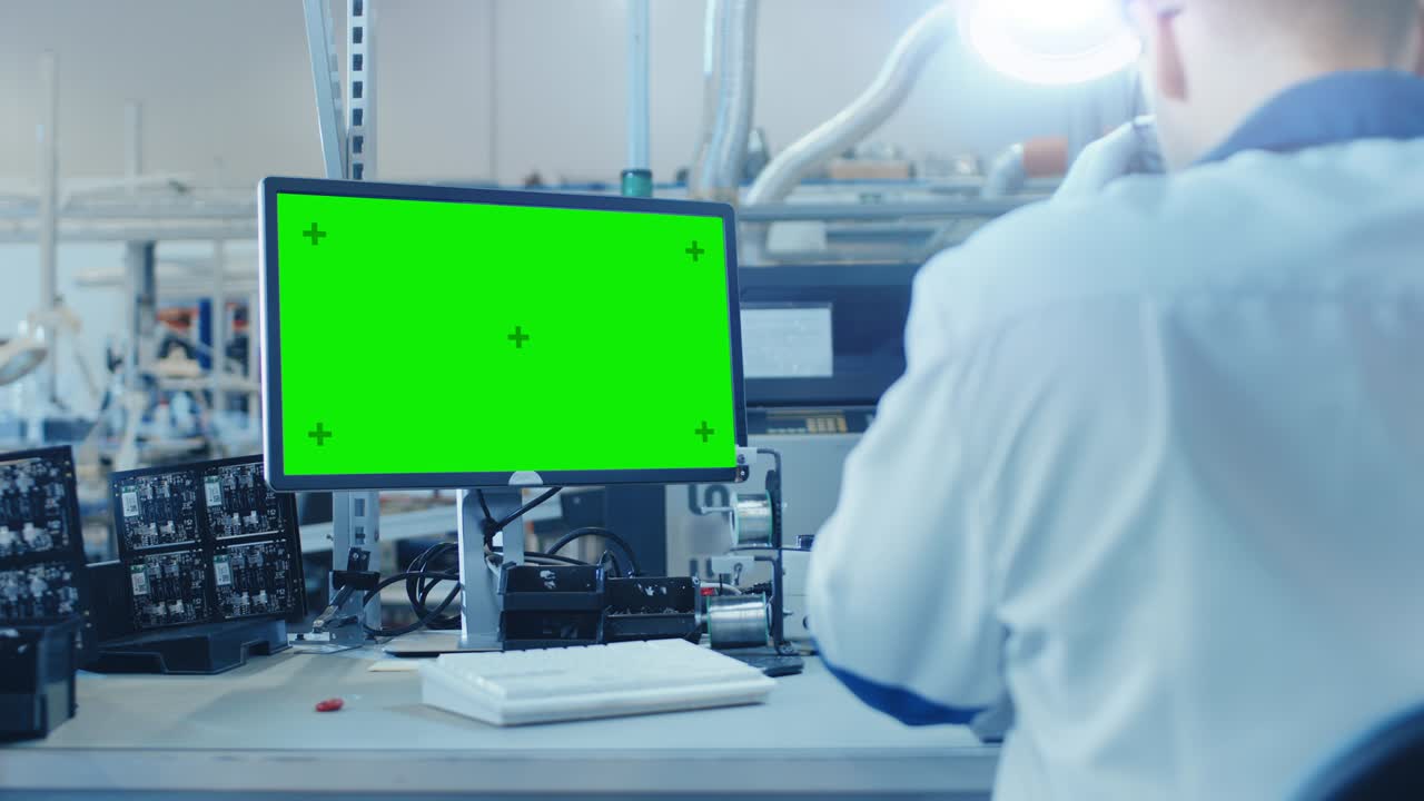 색 작업 코트를 입은 전자 공장 노동자가 디지털 현미경에 연결된 녹색 화면에서 인쇄 회로 보드를 검사합니다.