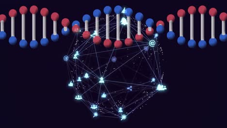 animación de una cadena de adn 3d giratoria, con una red de globos de iconos conectados, en negro