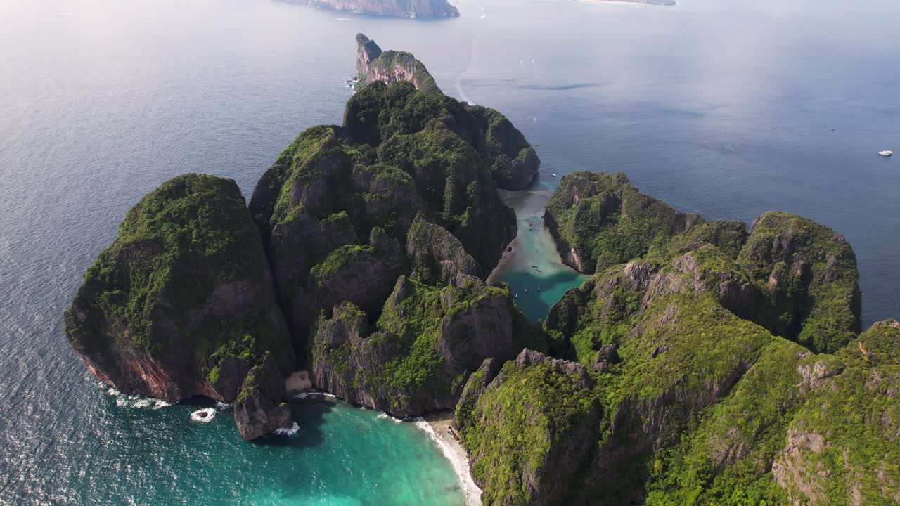 Koh Phi Phi Lee panoramic aerial of Maya Bay and Phi Leh Bay. High quality 4k footage
