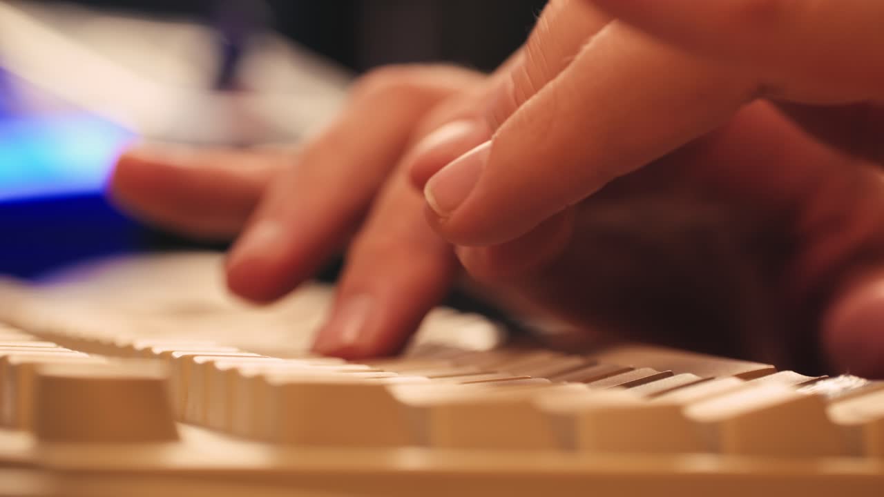 Man working and gaming on retro computer PC, IT engineer with vintage computer at home, using old fashion technology, close up of retro setup.