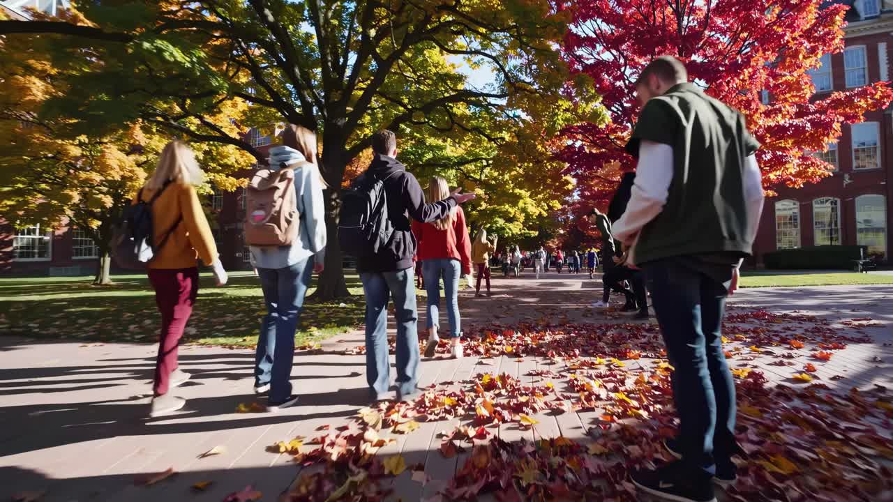 People walking on a leaf-covered path in autumn. Trees with vibrant fall colors. Autumn leaves