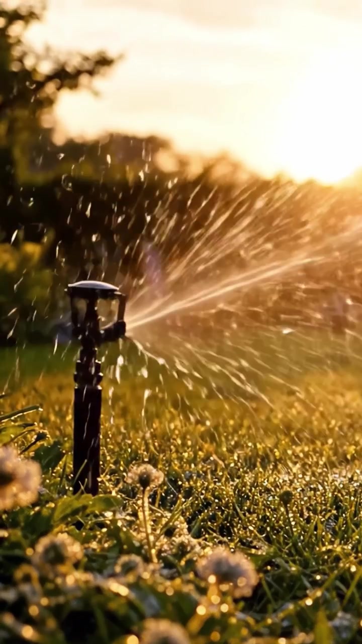 Uno scorcio di beatitudine mattutina: l'irrigatore illuminato dal sole che danza sull'erba bagnata di rugiada, spruzzando acqua in una sinfonia naturale di vita.