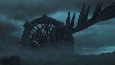 cinematic shot of a stormy ancient alien crash site, with a smooth dolly shot of a vast hulk of a derelict space ship with wreckage, through an electrical silicate storm - teal color scheme