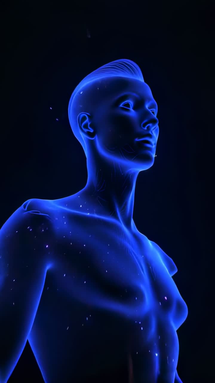 Video verticale: punti che formano un busto blu con torso scoperto nel vuoto, che ruota, la luce rivela i contorni