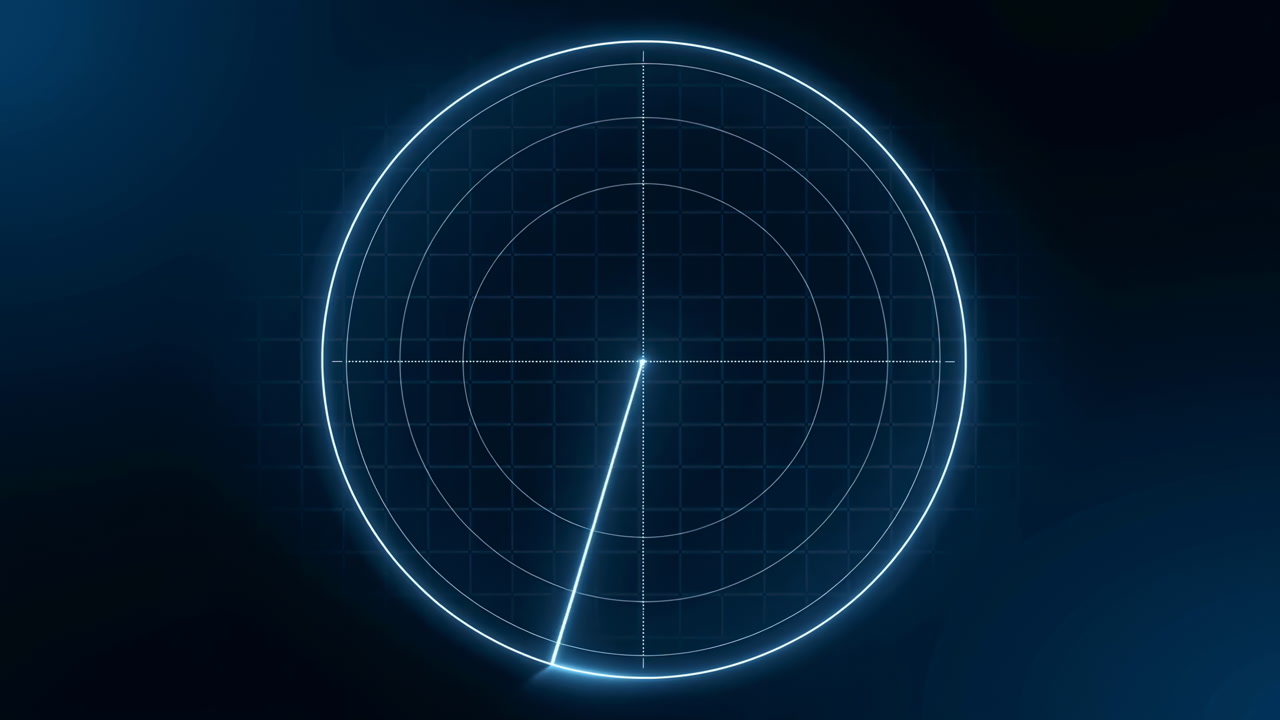 Circular Radar Screen Scanning Grid With Luminous Sweep, Blue Glow Highlights Blip And Sector Lines, Digital