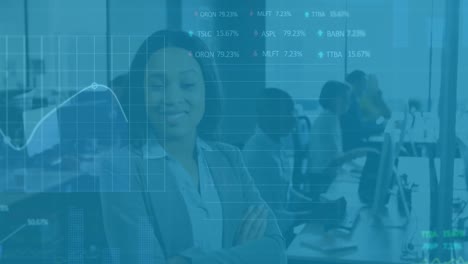 animation of graphs with numbers and trading board, african american woman standing arms crossed
