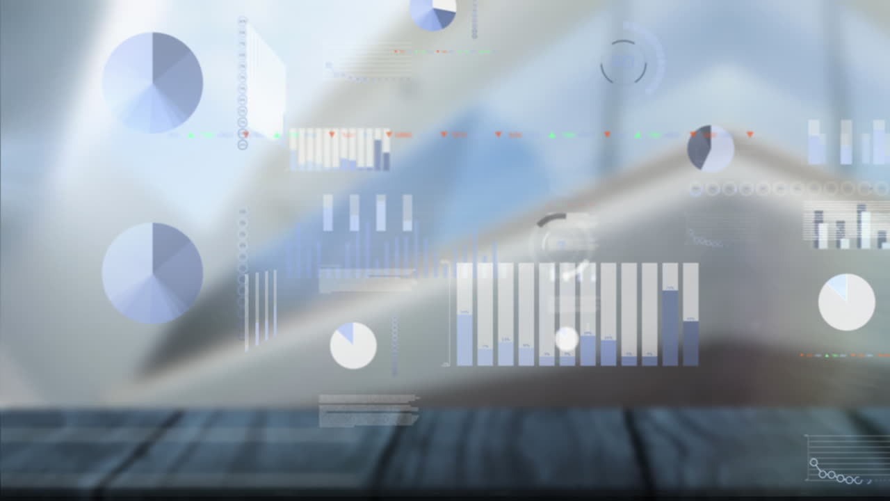 Animation of interface with statistical data processing over wooden plank against tall building