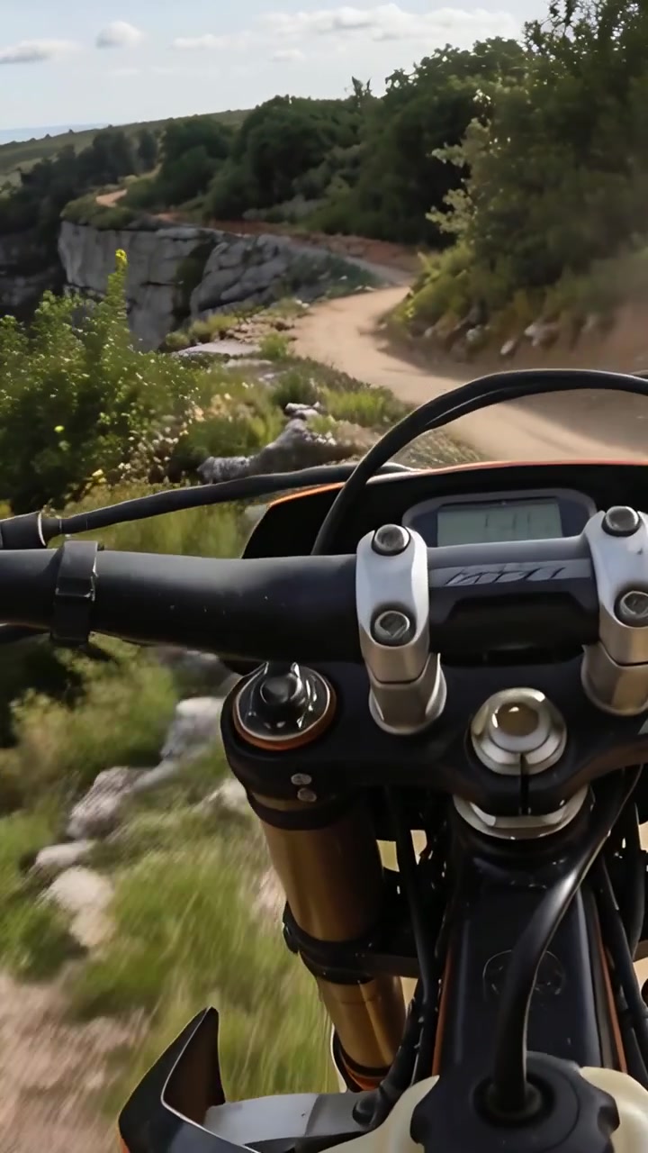 Vídeo vertical: Pilotando uma moto de trilha, acelerando o guidão para esporte ao longo de uma trilha de cume, na borda de um cânion.