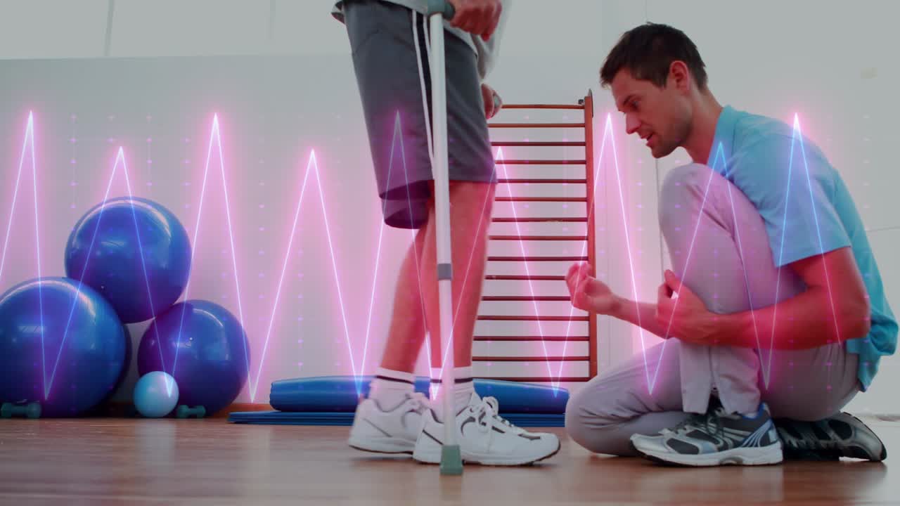 PT gesturing patient on crutches shifting weight stepping gaining stability neon wave over legs