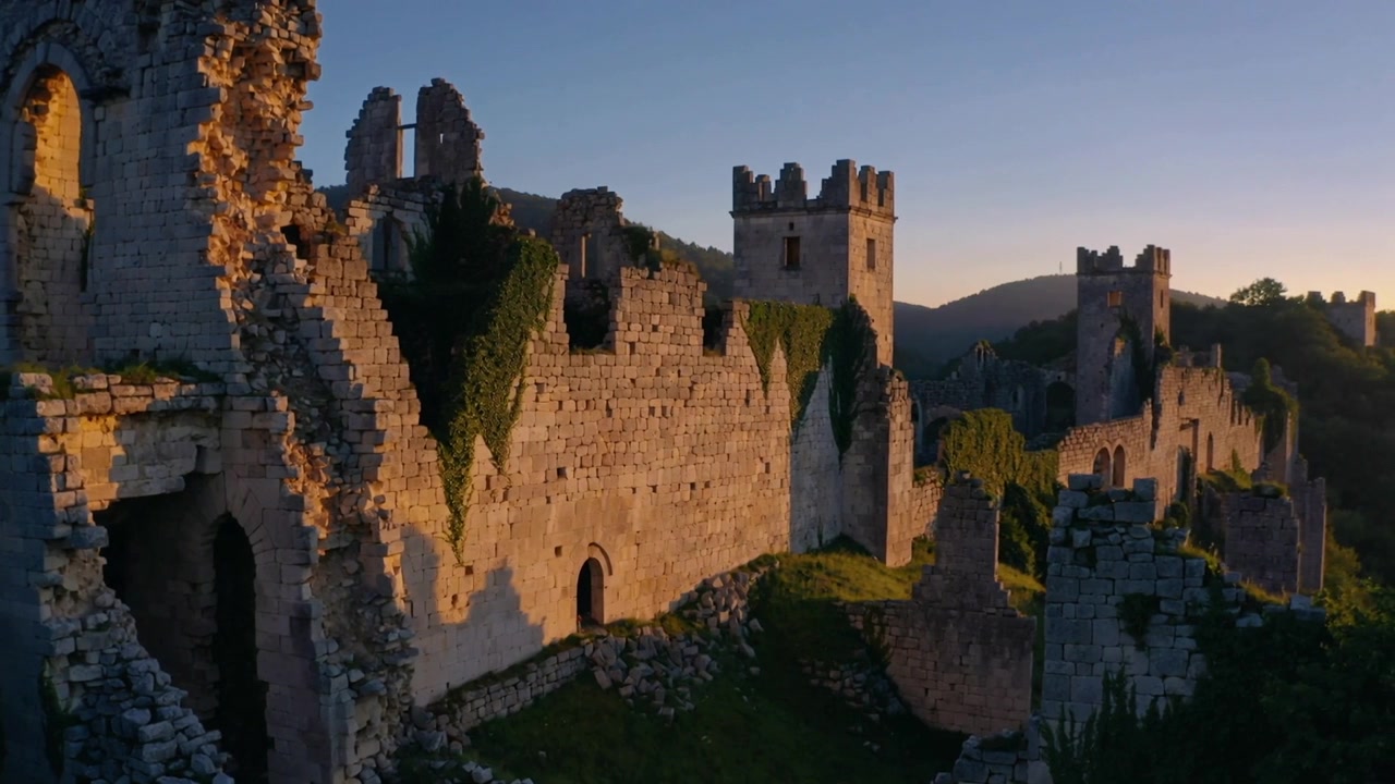 Drone che inizia a panoramare le mura e le torri di un castello di pietra in rovina su una collina, mostrando luce calda ed edera.