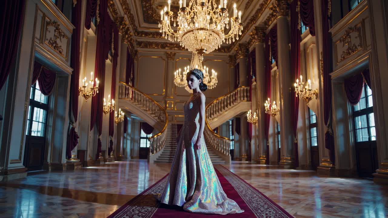 Elegant woman in a luxurious ballroom, captured in a wide-angle shot