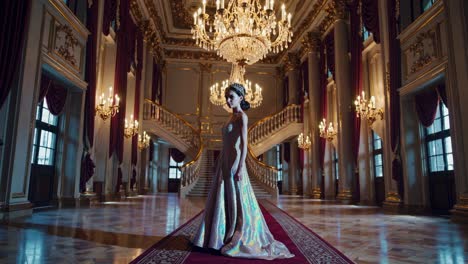 elegant woman in a luxurious ballroom, captured in a wide-angle shot