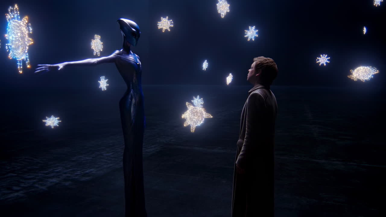 Uomo caucasico incontra un alieno alto tra fiocchi di neve luminosi, scenografia cosmica scura, forme cristalline olografiche