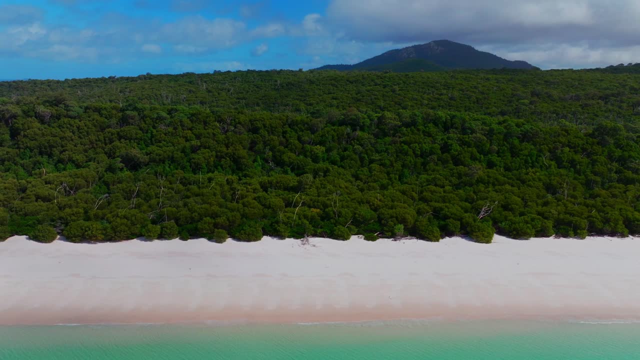 playa de whitehaven playa de arena blanca frente drone aéreo isla de whitsundays australia sol soleado nubes cielo azul exterior gran barrera de arrecifes azul claro agua océano arbusto sereno parque nacional airlie estático