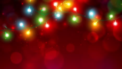 luces de navidad coloridas animadas. feliz navidad feliz año nuevo tarjeta de felicitación de vacaciones. luces brillantes sobre fondo rojo. guirnalda de navidad brillante. diseño de estandarte de fiesta de navidad de vacaciones. bucle sin costuras