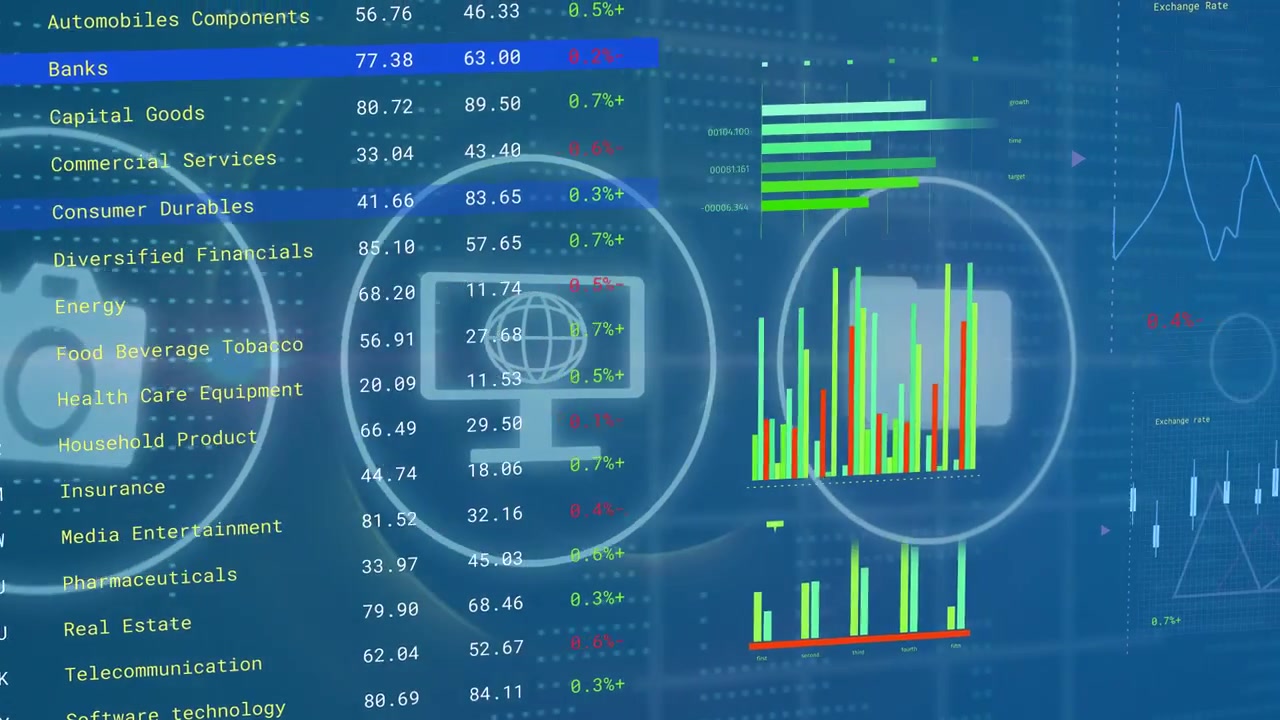 On load, vertical sector list scanning rows, HUD rings pulsing, charts updating to show performance