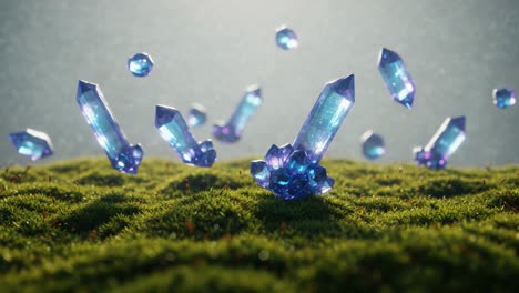 a stunning array of glimmering crystals in a lush green landscape, captivating light reflections and natural elements in perfect harmony