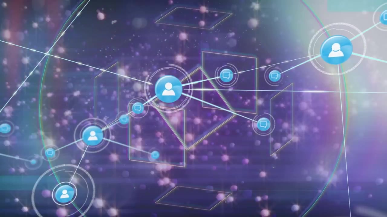 Animation of network of connections with icons over geometrical shapes