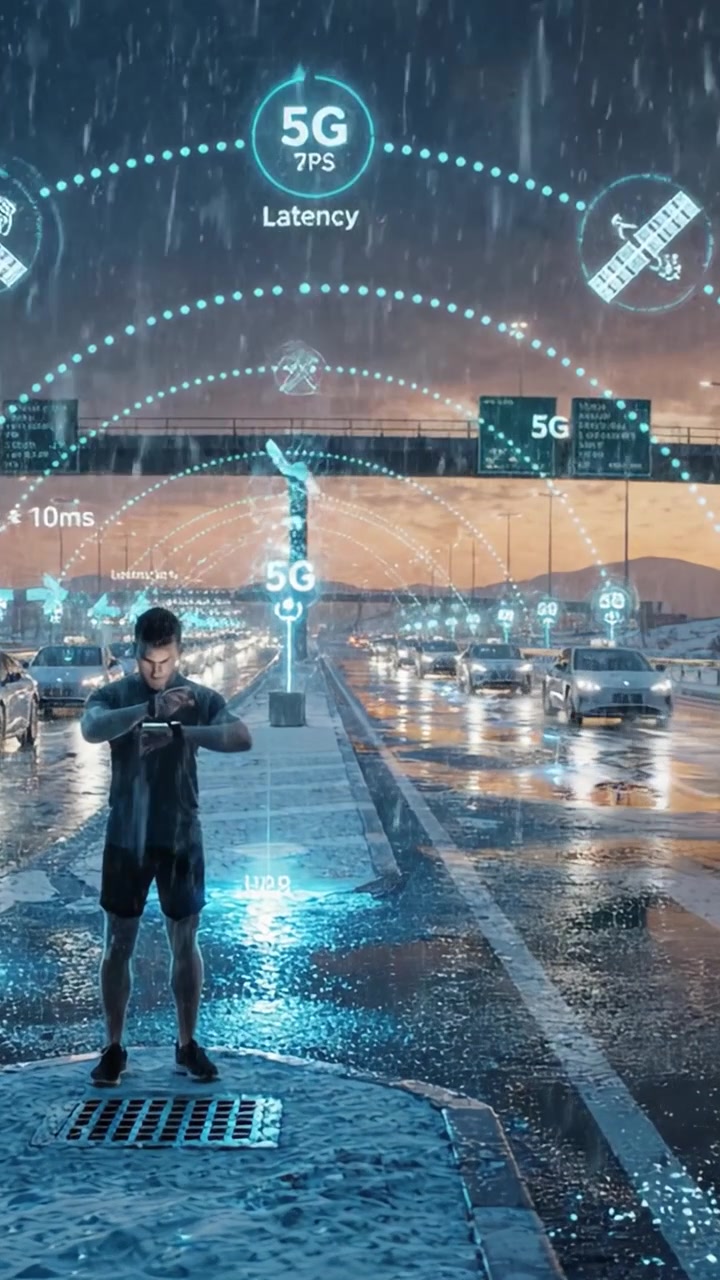 Un corridore determinato sfida la pioggia e la tecnologia su un'autostrada trafficata, mostrando l'influenza emergente del 5G in mezzo a un paesaggio urbano tempestoso.