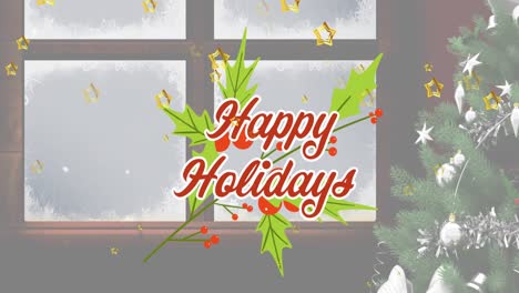 Animation-Von-Sternen,-Die-über-Weihnachtsgrüße-Fallen,-Und-Weihnachtsbaum-Mit-Schnee,-Der-Durch-Das-Fenster-Gesehen-Wird