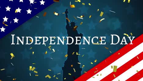 animation of independence day text over statue of liberty and flag of united states of america