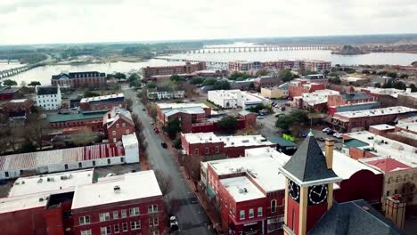 aerial with city hall in foreground and river in background in new bern nc, north carolina