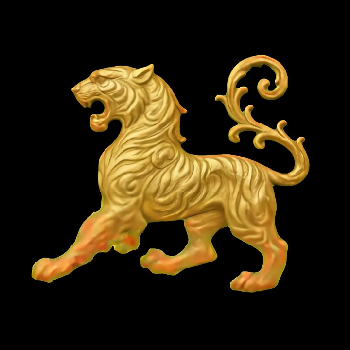 Gylden tigerstatue i gående animation på sort baggrund