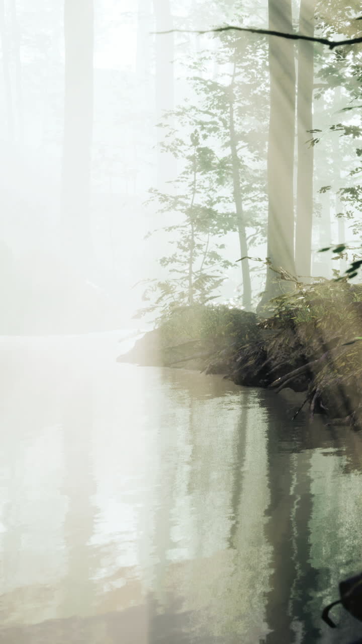 Tranquil morning light illuminates a serene forest creek in early spring