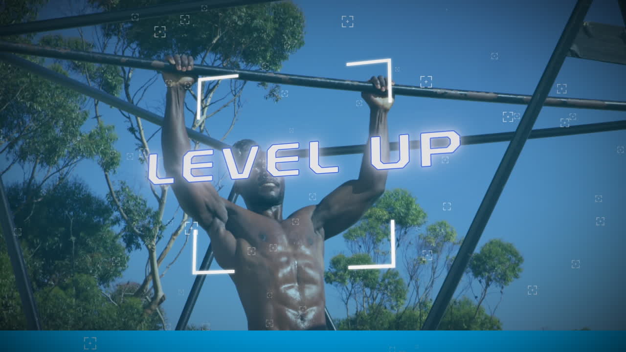 강한 아프리카계 미국인 남자가 끌어올리는 텍스트의 레벨 업 애니메이션