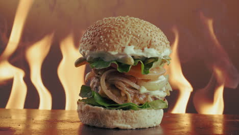 burger with flames