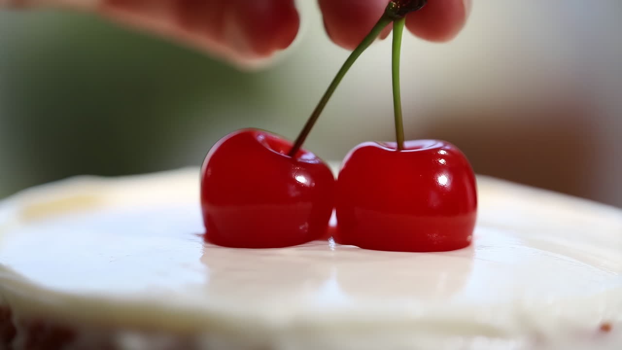 Hands placing two red cherries on a white frosted cake