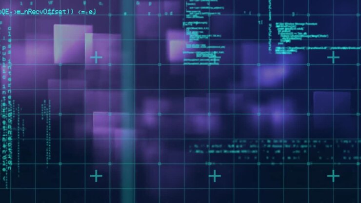 Animazione di elaborazione dati su quadrati e griglia sullo sfondo.