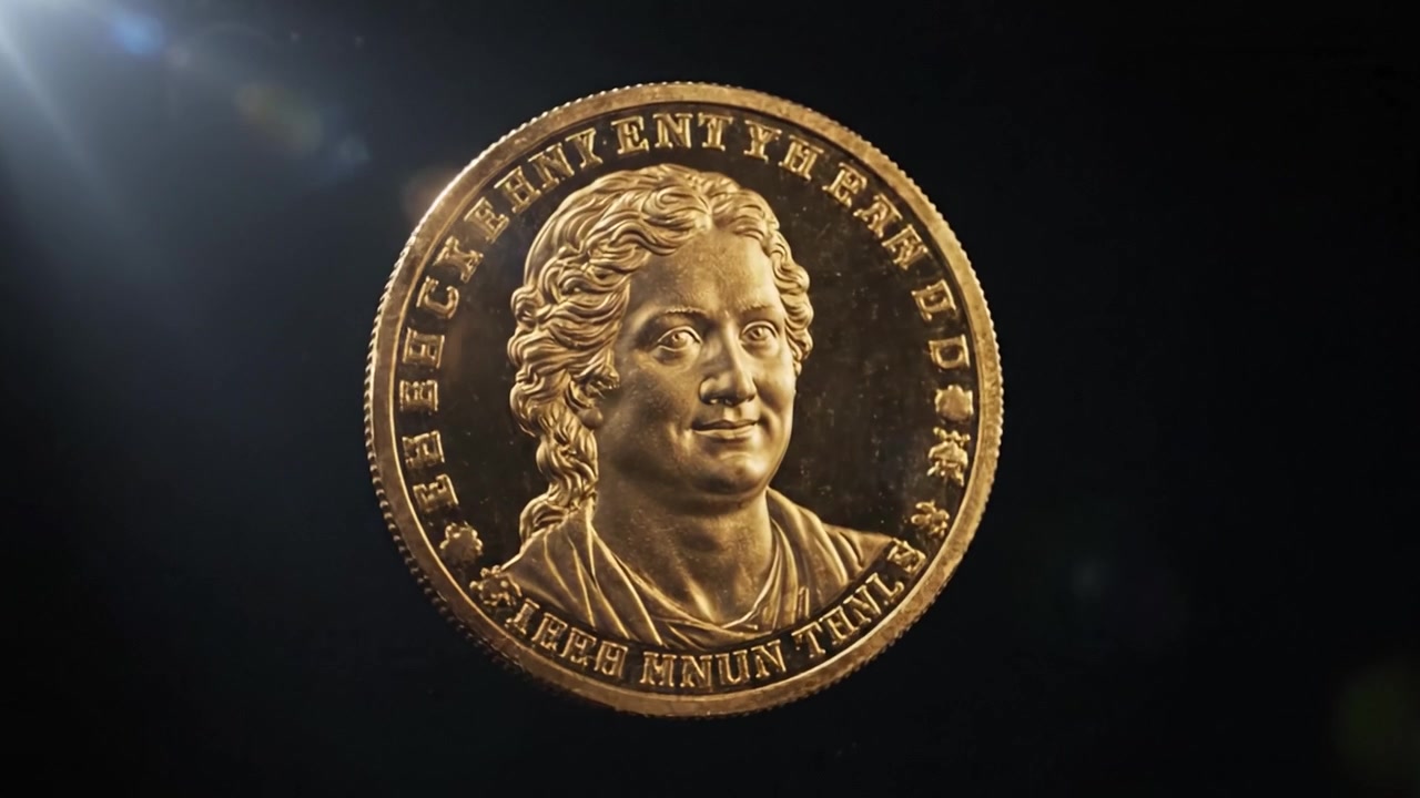 Moeda de Ouro Brilhante com Design Intrincado Exibindo Imagens Históricas, Capturada numa Luz Deslumbrante para Realçar Seus Detalhes e Beleza