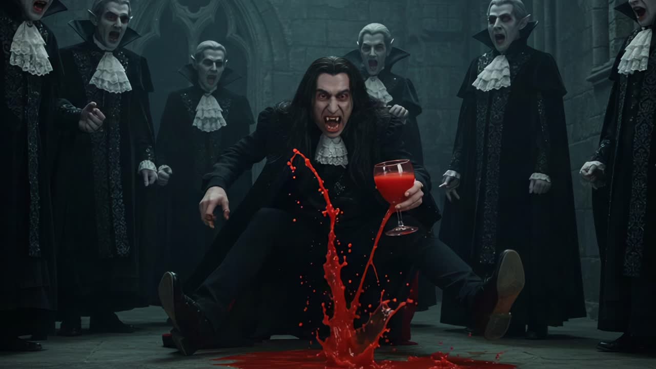 A Dark Gathering: A Vampire King Celebrates with a Chilling Red Drink as His Minions Observe and Sunlight Fades in the Eerie, Dimly Lit Gothic Castle