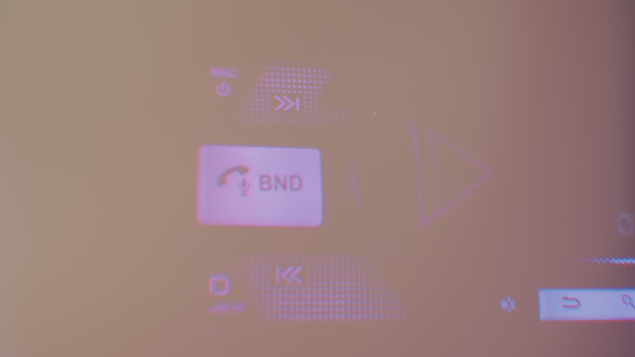 night dashboard infotainment screen glowing, soft purple backlight, band icon illuminated, blurred windshield reflections, quiet nocturnal commute, subtle tech details, cinematic mood
