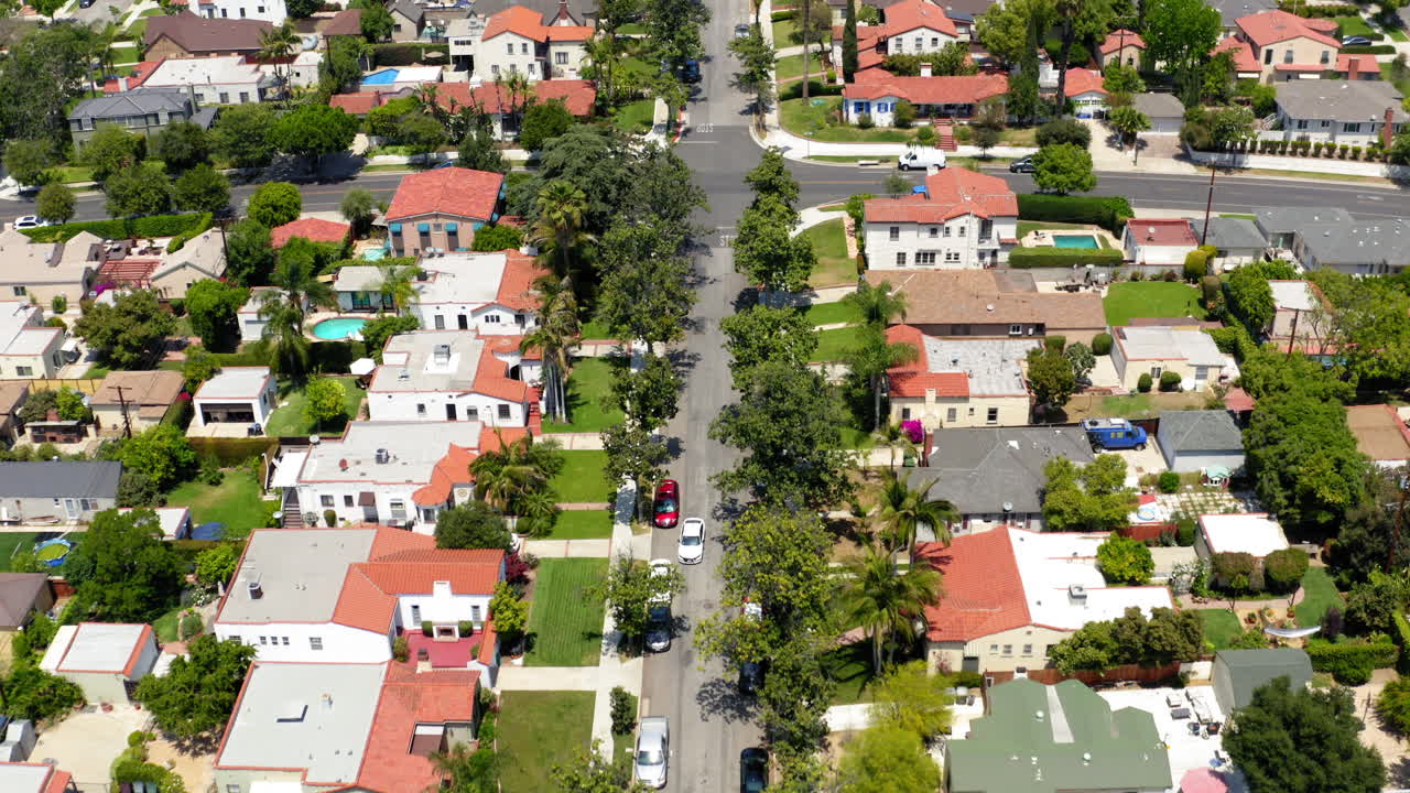 Aerial View of a Suburban Residential Street with Houses and Trees
