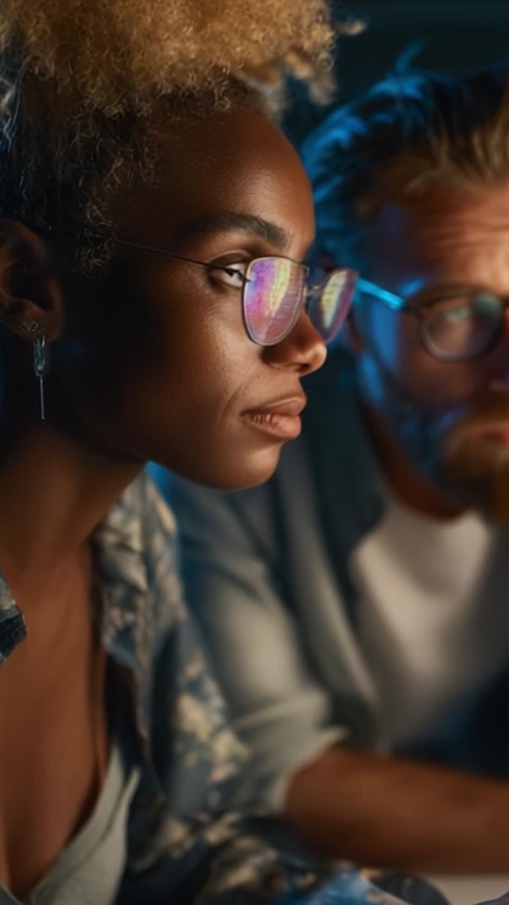A captivating moment of concentration as two individuals engage in deep thought, showcasing a blend of focus and curiosity in a modern, tech-inspired environment