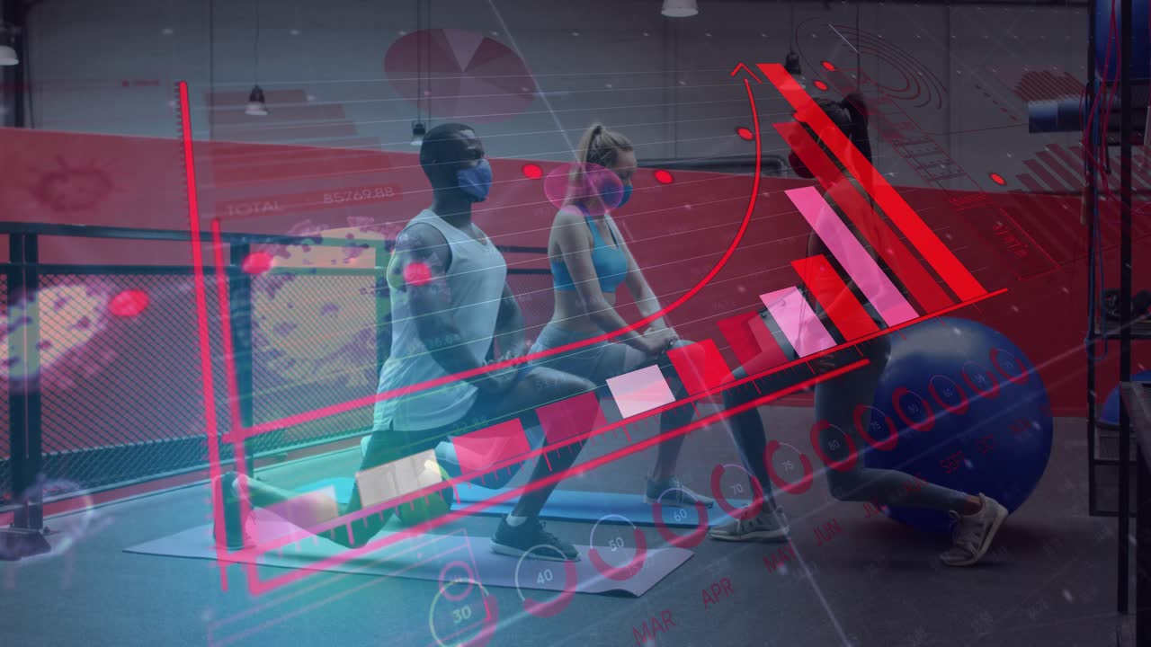 Fitness trainer gesturing clipboard cue, clients lunging on mats for form, red overlays rising