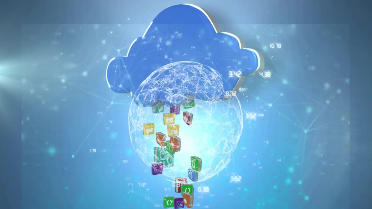 Bright radial light appearing below cloud, cloud pulsing and releasing app cubes to visualize data