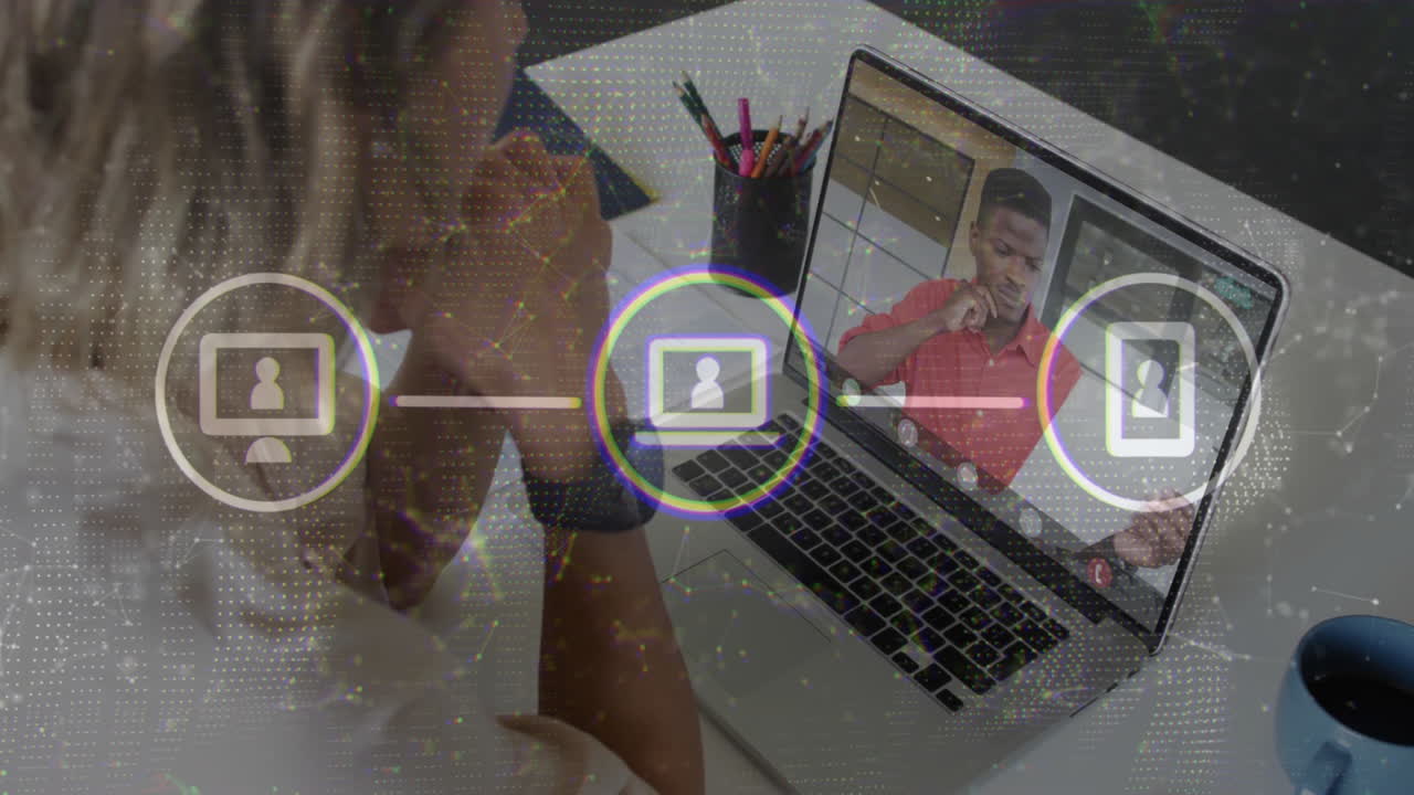 Video conferencing on laptop, person with animation of digital connection icons