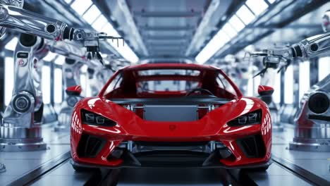 futuristic automotive manufacturing: a red sports car at the center of an advanced robotic assembly line in a high-tech factory setting