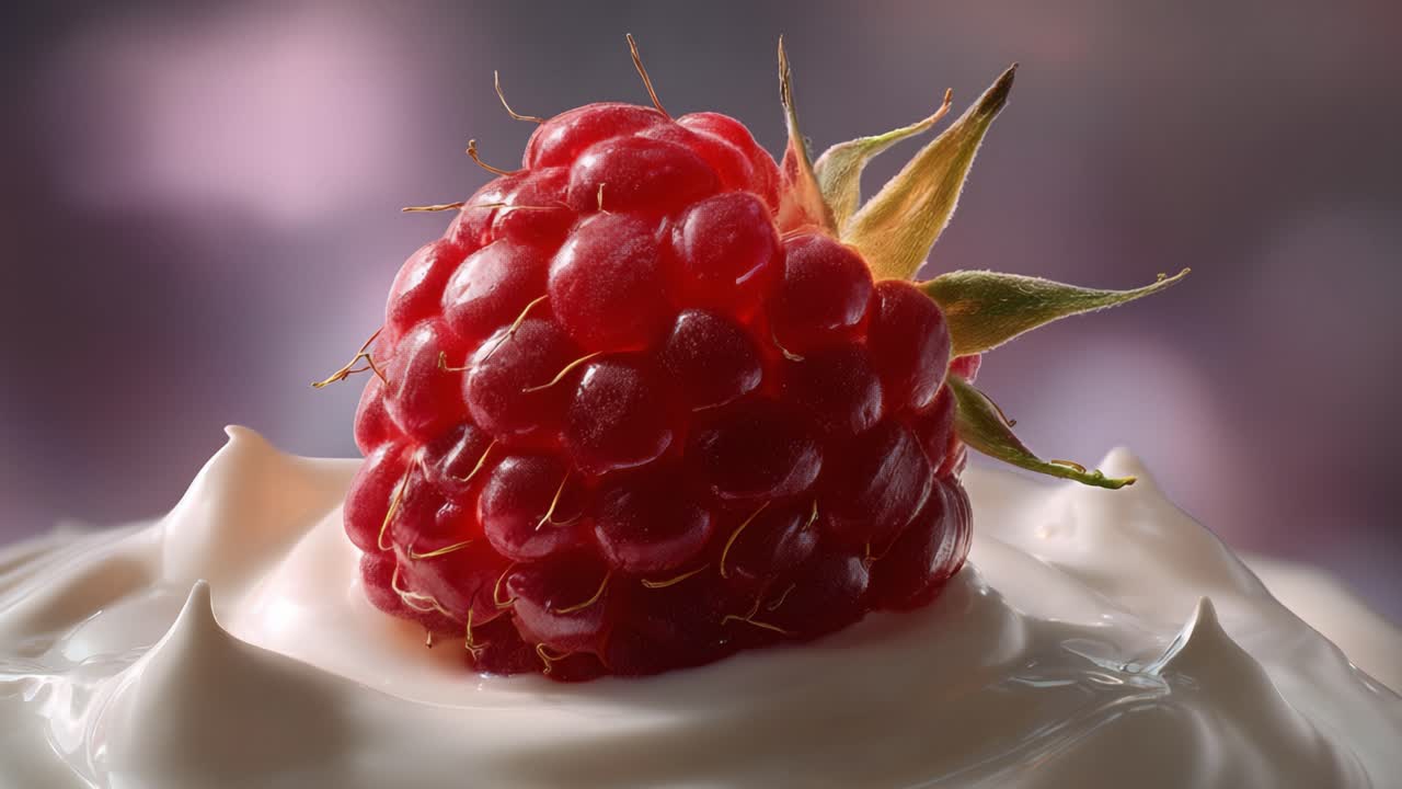 Close-up of a luscious raspberry resting on a creamy white surface, showcasing its vibrant red color and intricate texture against a soft, blurred background