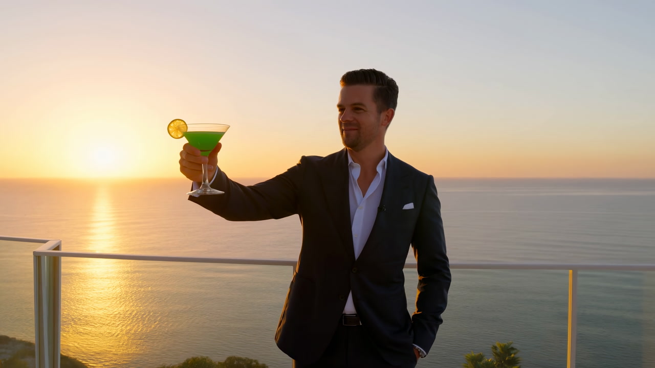 Man In Suit On Balcony Sunset, Holding Green Cocktail With Lime Garnish, Smiling Businessman Toasts Ocean